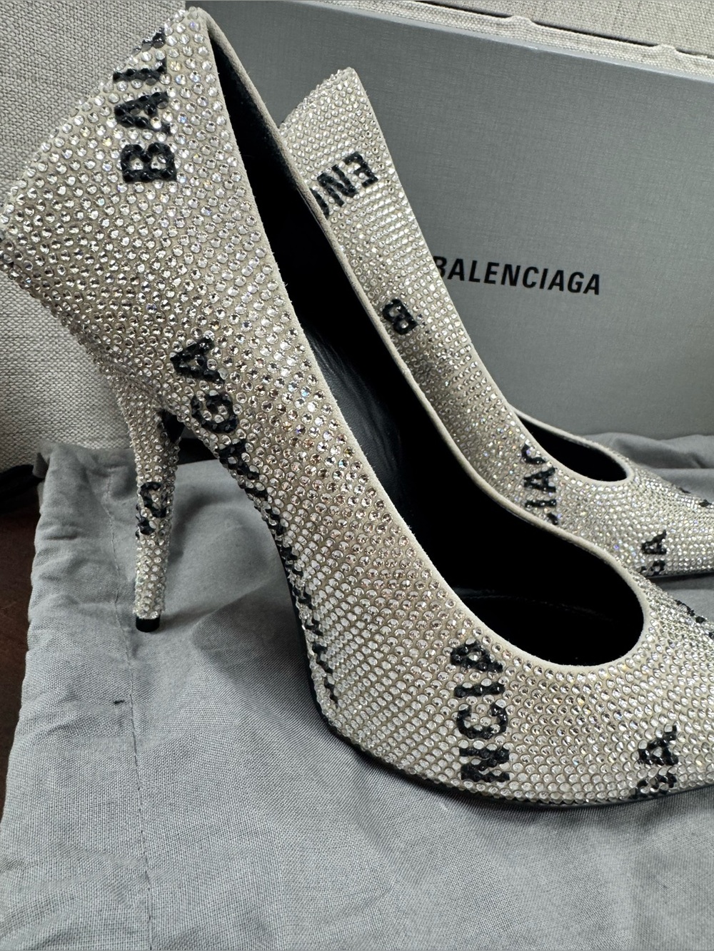 Balenciaga Crystal-Embellished Ivory and Black Logo Stiletto Pumps